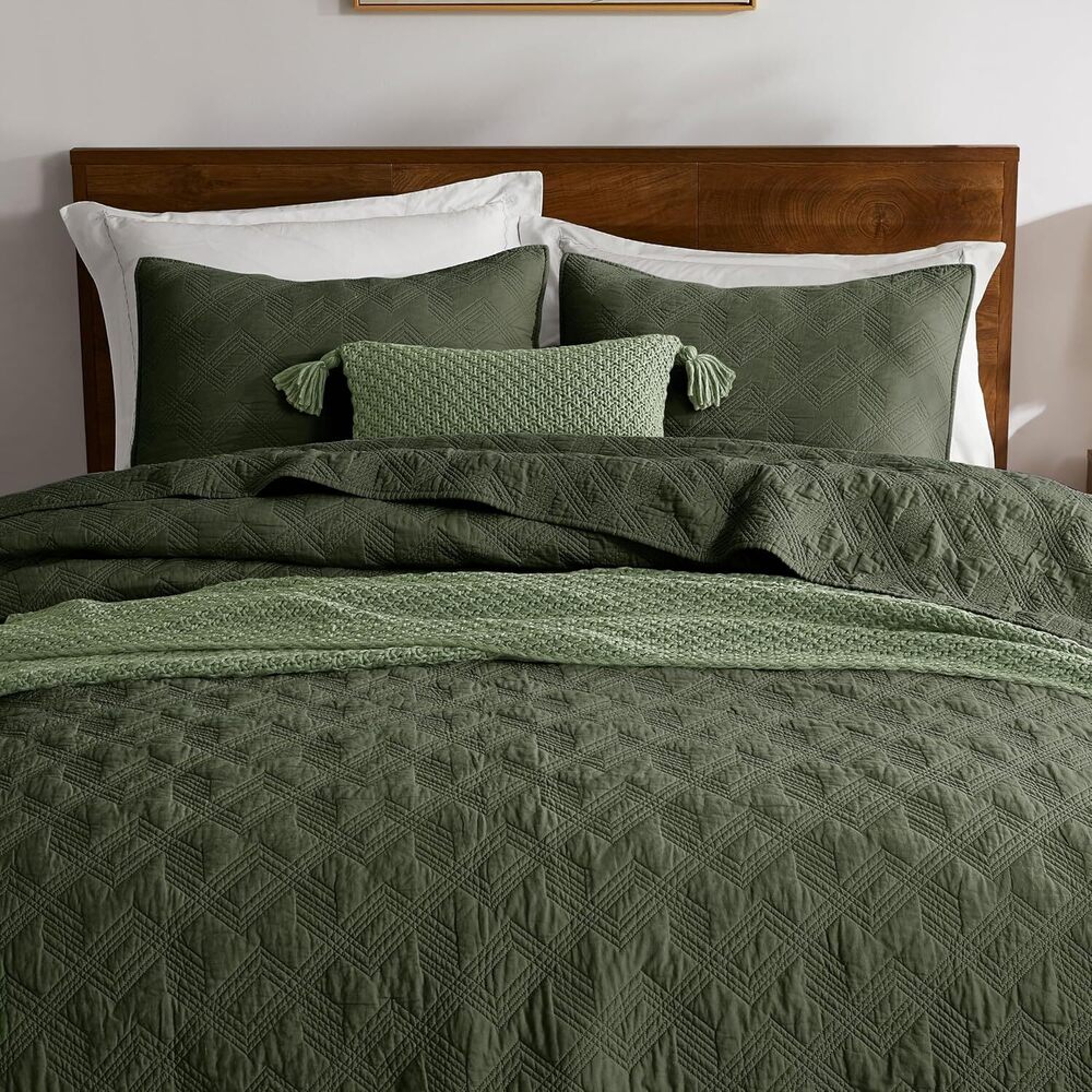 100% Cotton King Size Quilt Set - Olive Green Pre-Washed Soft Lightweight